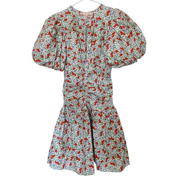 ByTiMO Festive Floral Puff Sleeve Mini Drop Waist Dress In Poppy Size XS - Picture 7 of 16